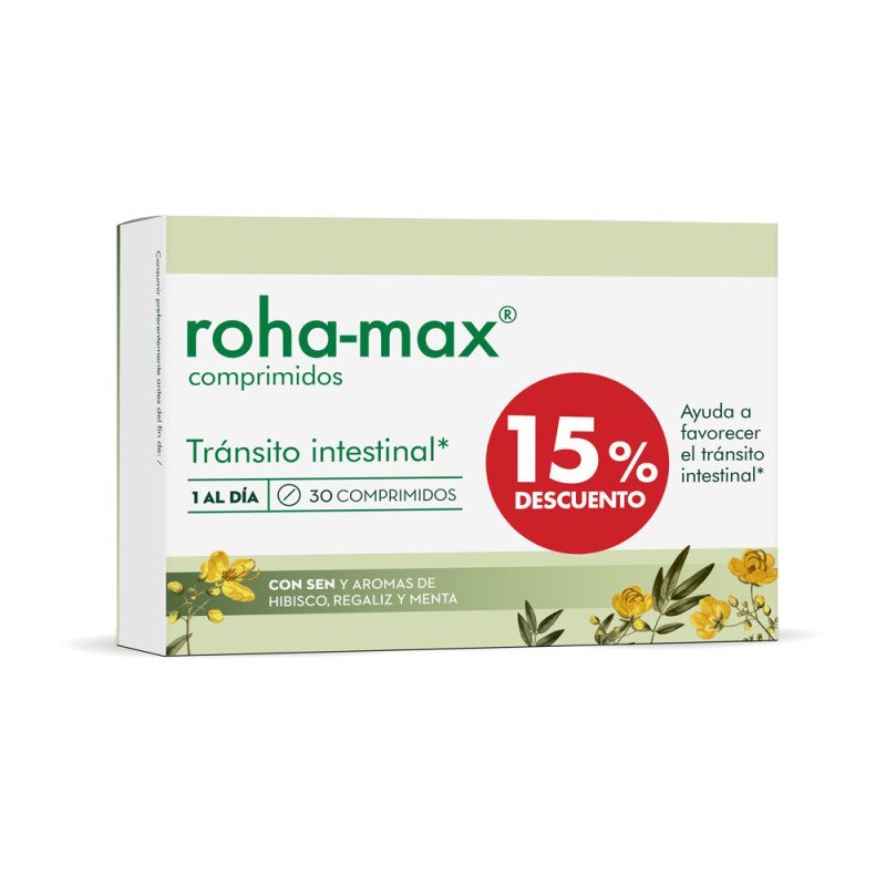 Caja de roha-max comprimidos para tránsito intestinal, con 30 comprimidos y 15% de descuento. Ingredientes: hibisco, regaliz y menta.